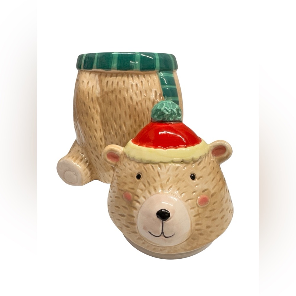 Festive Bear Ceramic Treat Jar with Green Scarf and Red Hat - Picture 4 of 6